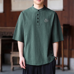 Buddha Stones Summer Casual Tang Style Mandarin Collar Solid Men's Short Sleeve Shirts - SeaGreen - US/UK/AU46, EU56 (5XL) - image 0