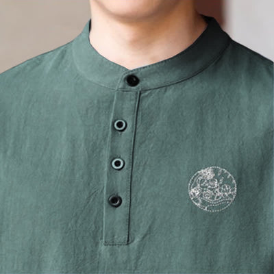 Buddha Stones Summer Casual Tang Style Mandarin Collar Solid Men's Short Sleeve Shirts - image 8