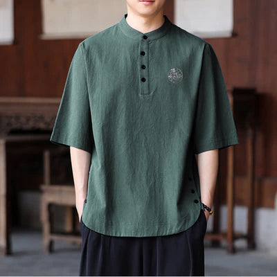 Buddha Stones Summer Casual Tang Style Mandarin Collar Solid Men's Short Sleeve Shirts - image 6