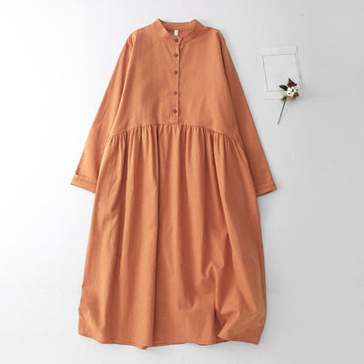 Buddha Stones Spring Fall Casual Tang Style Mandarin Collar Solid Women's Long Sleeve Dress With Pockets - SandyBrown - US12, UK/AU16, EU44 (2XL) - image 11