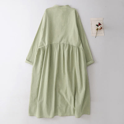 Buddha Stones Spring Fall Casual Tang Style Mandarin Collar Solid Women's Long Sleeve Dress With Pockets - image 2