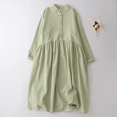 Buddha Stones Spring Fall Casual Tang Style Mandarin Collar Solid Women's Long Sleeve Dress With Pockets - DarkSeaGreen - US12, UK/AU16, EU44 (2XL) - image 1