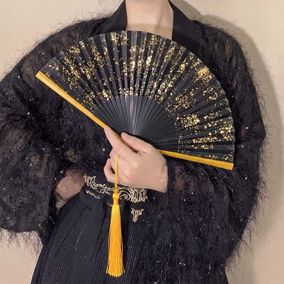 Buddha Stones gold speckle pattern Bamboo Folding Tassel Fan - image 4