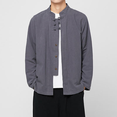 Buddha Stones Spring Fall Tang Style Minimalist Mandarin Collar Frog Button Solid Men's Long Sleeve Shirts - SlateGray - US/UK/AU46，EU56 (5XL) - image 0