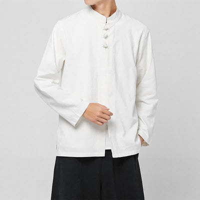 Buddha Stones Spring Fall Tang Style Minimalist Mandarin Collar Frog Button Solid Men's Long Sleeve Shirts - image 14