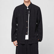 Foviel Spring Fall Tang Style Minimalist Mandarin Collar Frog Button Solid Men's Long Sleeve Shirts