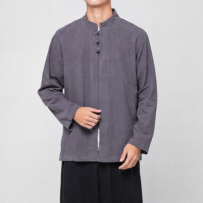 Buddha Stones Spring Fall Tang Style Minimalist Mandarin Collar Frog Button Solid Men's Long Sleeve Shirts - image 3