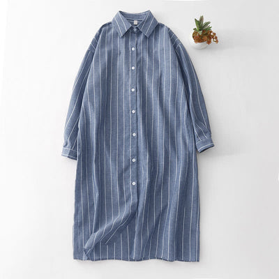 Buddha Stones Spring Casual Minimalist Button-Up Striped Women's Long Sleeve Dresses - SlateGray - US12, UK/AU16, EU44 (2XL) - image 9
