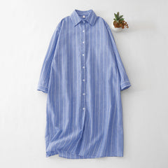 Buddha Stones Spring Casual Minimalist Button-Up Striped Women's Long Sleeve Dresses - LightSteelBlue - US12, UK/AU16, EU44 (2XL) - image 0