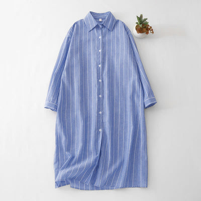 Buddha Stones Spring Casual Minimalist Button-Up Striped Women's Long Sleeve Dresses - LightSteelBlue - US12, UK/AU16, EU44 (2XL) - image 0