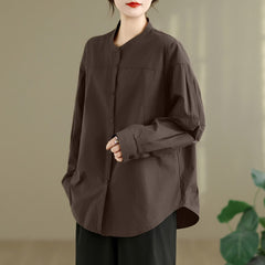 Buddha Stones Spring Fall Minimalist Tang Style Mandarin Collar Solid Women's Long Sleeve Shirts - SaddleBrown - US8-10, UK/AU12-14, EU40-42 (2XL) - image 0