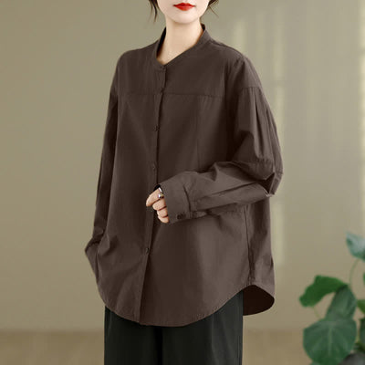 Buddha Stones Spring Fall Minimalist Tang Style Mandarin Collar Solid Women's Long Sleeve Shirts - SaddleBrown - US8-10, UK/AU12-14, EU40-42 (2XL) - image 0