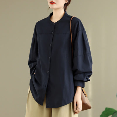 Buddha Stones Spring Fall Minimalist Tang Style Mandarin Collar Solid Women's Long Sleeve Shirts - image 9