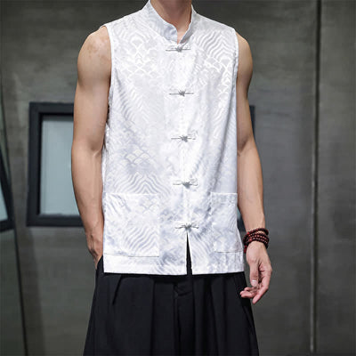 Buddha Stones Summer Tang Style Mandarin Collar Frog Button Abstract Ocean Waves Tank Top Men's Sleeveless Shirts With Pocket - image 18