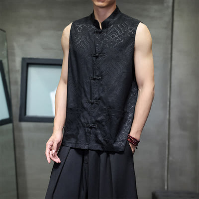 Buddha Stones Summer Tang Style Mandarin Collar Frog Button Abstract Ocean Waves Tank Top Men's Sleeveless Shirts With Pocket - image 15