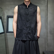 Foviel Summer Tang Style Mandarin Collar Frog Button Abstract Ocean Waves Tank Top Men's Sleeveless Shirts With Pocket