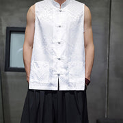 Foviel Summer Tang Style Mandarin Collar Frog Button Abstract Ocean Waves Tank Top Men's Sleeveless Shirts With Pocket