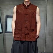 Foviel Summer Tang Style Mandarin Collar Frog Button Abstract Ocean Waves Tank Top Men's Sleeveless Shirts With Pocket