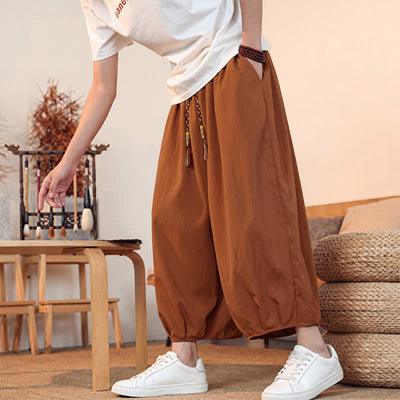 Buddha Stones Spring Summer Casual Minimalist Drawstring Solid Capri Pants Men's Harem Pants With Pocket - image 27