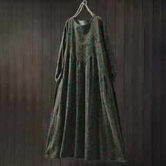 Buddha Stones Retro Floral Pattern A-line Design Long Sleeve Women's Midi Dress - DarkOliveGreen - US4-8/10，UK/AU8-12/14，EU36-40/42 (F) - image 0