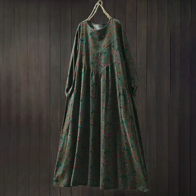 Buddha Stones Retro Floral Pattern A-line Design Long Sleeve Women's Midi Dress - DarkOliveGreen - US4-8/10，UK/AU8-12/14，EU36-40/42 (F) - image 0