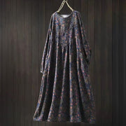 Foviel Retro Floral Pattern A-line Design Long Sleeve Women's Midi Dress