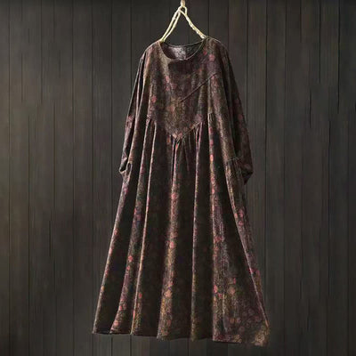 Buddha Stones Retro Floral Pattern A-line Design Long Sleeve Women's Midi Dress - SaddleBrown - US4-8/10，UK/AU8-12/14，EU36-40/42 (F) - image 13