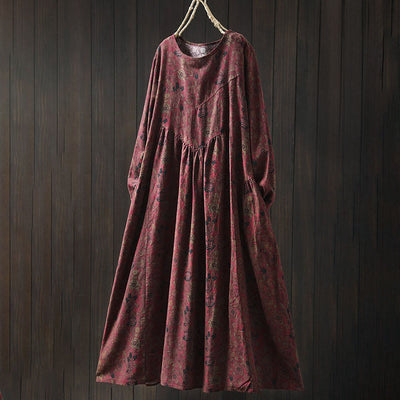 Buddha Stones Retro Floral Pattern A-line Design Long Sleeve Women's Midi Dress - FireBrick - US4-8/10，UK/AU8-12/14，EU36-40/42 (F) - image 2