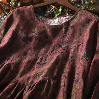 Buddha Stones Retro Floral Pattern A-line Design Long Sleeve Women's Midi Dress - image 6