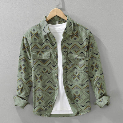 Buddha Stones Spring Fall Casual Boho Button-Up Geometric Cotton Men's Long Sleeve Shirts With Pocket - DarkSeaGreen - US/UK/AU42, EU52 (3XL) - image 5