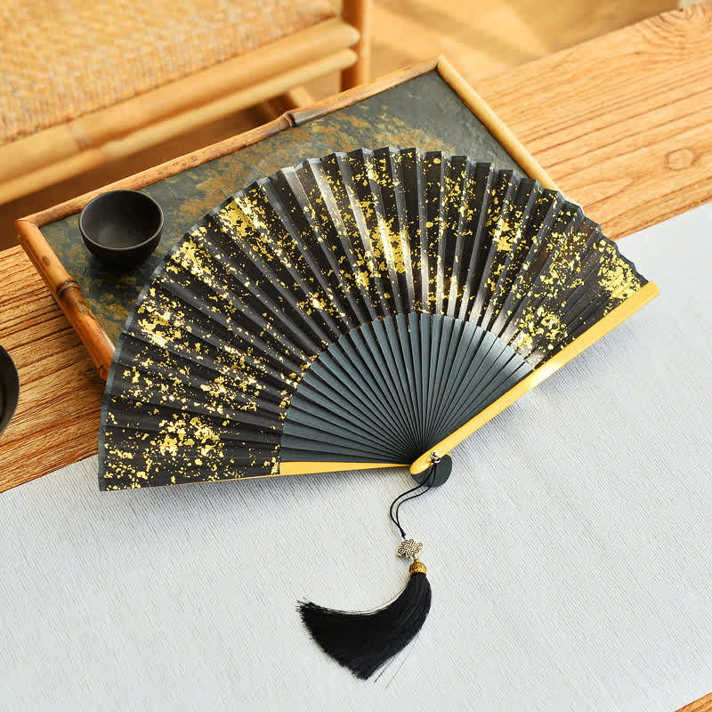 Buddha Stones Midnight Speckle Bamboo Chinese Knotting Tassel Folding Fan - Gold Splatter - Closed Size: Approx. 21 cm / 8.3 in - image 0