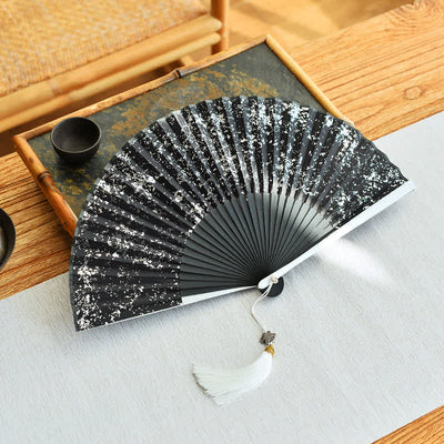 Buddha Stones Midnight Speckle Bamboo Chinese Knotting Tassel Folding Fan - Silver Splatter - Closed Size: Approx. 21 cm / 8.3 in - image 3