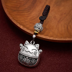 FREE Today: Wealth and Fortune Engraved Copper Fu Character Lucky Cat Braided Keychains - Silvery Lucky Cat - image 0