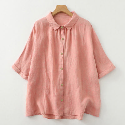 Buddha Stones Casual Plain Buttons Women's Half Sleeve Shirt - Salmon - US12，UK/AU16，EU44 (2XL) - image 8