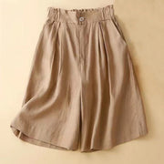 Foviel Plain Color Pleated Zipper Button Cotton Linen Women's Shorts With Pockets
