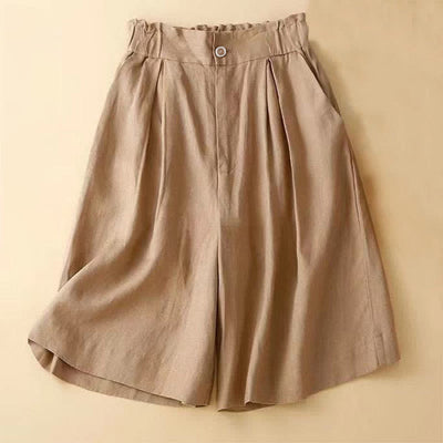 Buddha Stones Plain Color Pleated Zipper Button Cotton Linen Women's Shorts With Pockets - Goldenrod - US12，UK/AU16，EU44 (3XL) - image 0