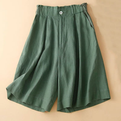 Buddha Stones Plain Color Pleated Zipper Button Cotton Linen Women's Shorts With Pockets - image 14