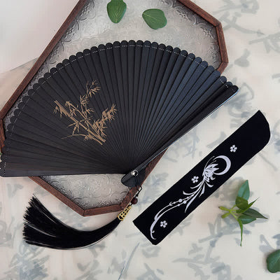 Buddha Stones Black Bamboo Koi Fish Lotus Osmanthus Swallows Dragonfly Pattern Folding Fan - Bamboo Shadows in the Breeze(Closed Size: Approx. 18 cm/7.1 in) - Decorative Fan - image 10