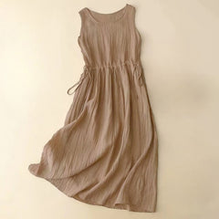 Buddha Stones Casual Plain Handmade Drawstring Waist Midi Dress Sleeveless Dress With Pockets - BurlyWood - US8-10，UK/AU12-14，EU40-42 (2XL) - image 0