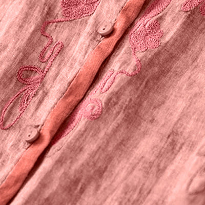 Buddha Stones Summer Casual Embroidered Stand Collar Design Three Quarter Sleeve Midi Dress - image 8