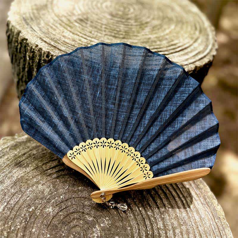 Buddha Stones Elegant Cotton Linen Texture Bamboo Hanfu Style Folding Fan 16 cm - Deep Blue - Closed Size: Approx. 16 cm / 6.3 in - image 11