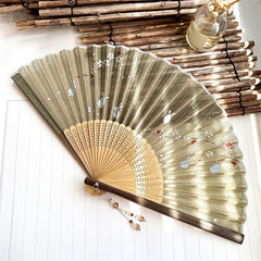 Buddha Stones Vintage Sakura Moon Rabbit Bamboo Foldable Elegant Folding Fan 22 cm - Light Gray Green - Closed Size: Approx. 22 cm / 8.7 in - image 0