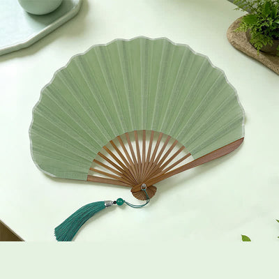 Buddha Stones Cotton Linen Bamboo Shell-shaped Tassel Folding Fan 21.5 cm - Olive Green(Closed Size: Approx. 21.5 cm / 8.5 in) - image 1