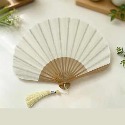 Buddha Stones Cotton Linen Bamboo Shell-shaped Tassel Folding Fan 21.5 cm - White(Closed Size: Approx. 21.5 cm / 8.5 in) - image 12