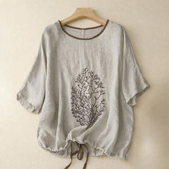 Buddha Stones Casual Embroidery Tree Drawstring Women's Crew Neck Design Half Sleeve T-Shirt - LightGrey - Half Sleeve - US14，UK/AU18，EU46 (2XL) - image 0