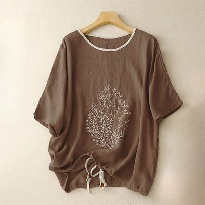 Buddha Stones Casual Embroidery Tree Drawstring Women's Crew Neck Design Half Sleeve T-Shirt - SaddleBrown - Half Sleeve - US14，UK/AU18，EU46 (2XL) - image 10