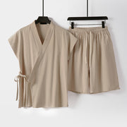 Foviel 2Pcs Summer Meditation Tang Style Drawstring Solid Cotton Linen Short Sleeve Shirt Shorts Men's Meditation Cloth With Pockets
