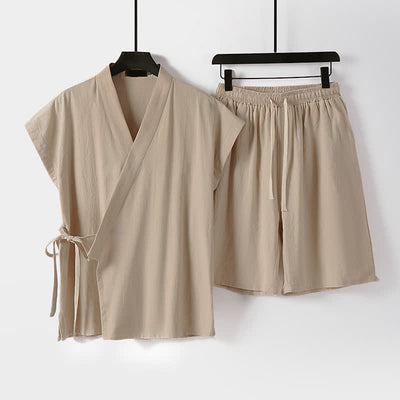 Buddha Stones 2Pcs Summer Meditation Tang Style Drawstring Solid Cotton Linen Short Sleeve Shirt Shorts Men's Meditation Cloth With Pockets - Bisque - US/UK/AU54, EU64 (9XL) - image 9
