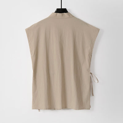 Buddha Stones 2Pcs Summer Meditation Tang Style Drawstring Solid Cotton Linen Short Sleeve Shirt Shorts Men's Meditation Cloth With Pockets - image 11