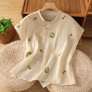 Foviel Summer Casual Tang Style Mandarin Collar Embroidery Floral Tank Top Women's Sleeveless Shirts
